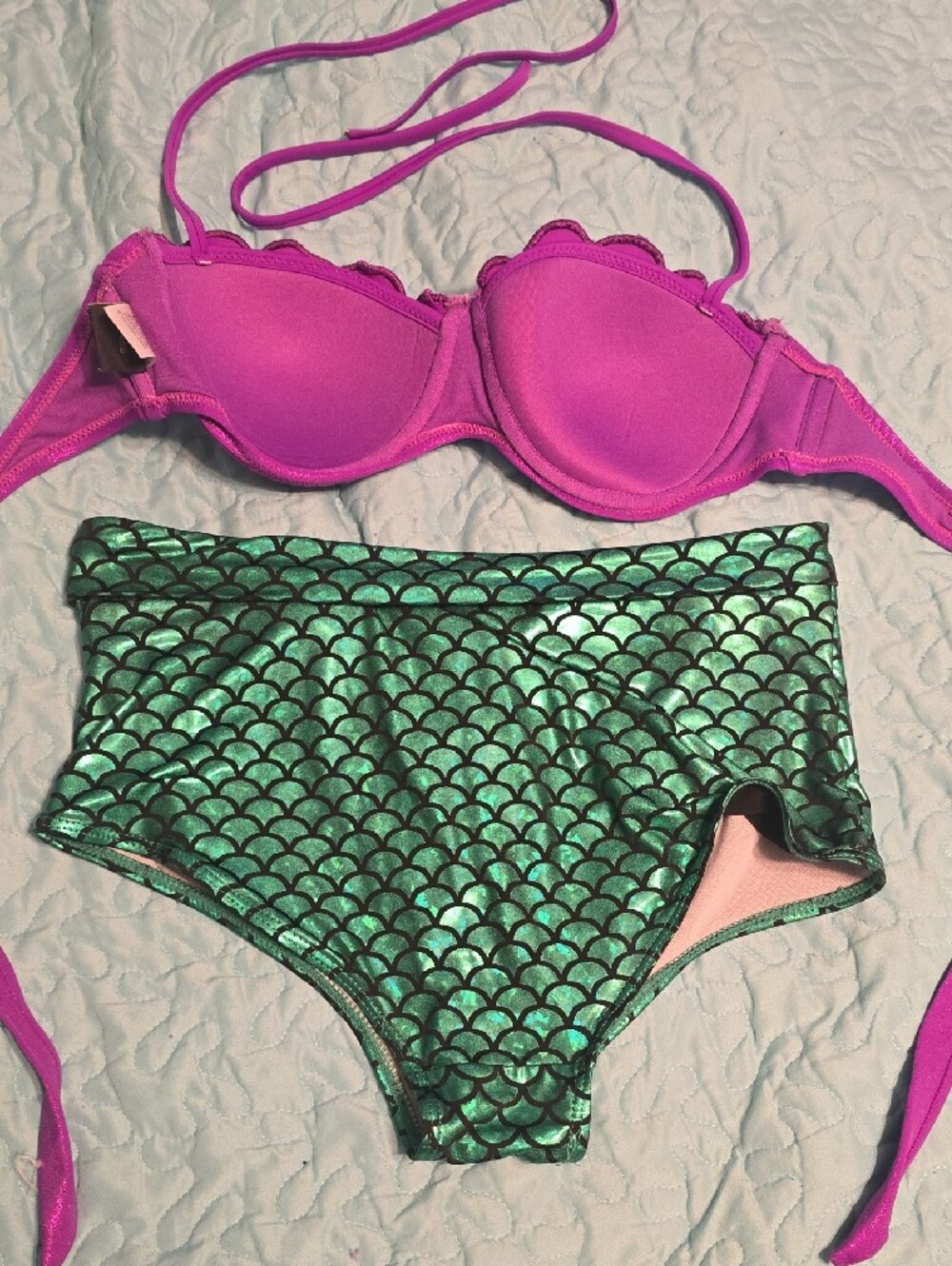 Disney Ariel Bikini: Purple Shells And Green Scale High Waist Bottoms - Picture 9 of 15